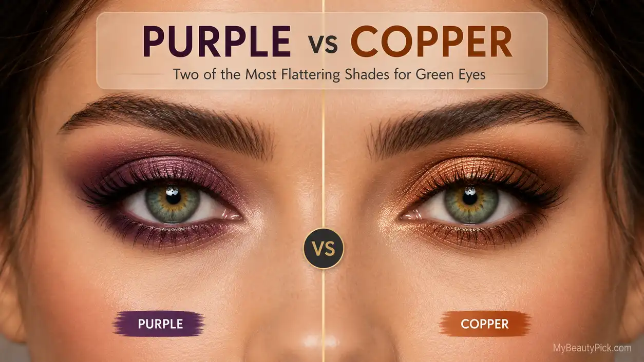 Best Eye Makeup for Green Eyes: Colours, Techniques, and What to Avoid 4 Purple vs copper eye makeup comparison for green eyes
