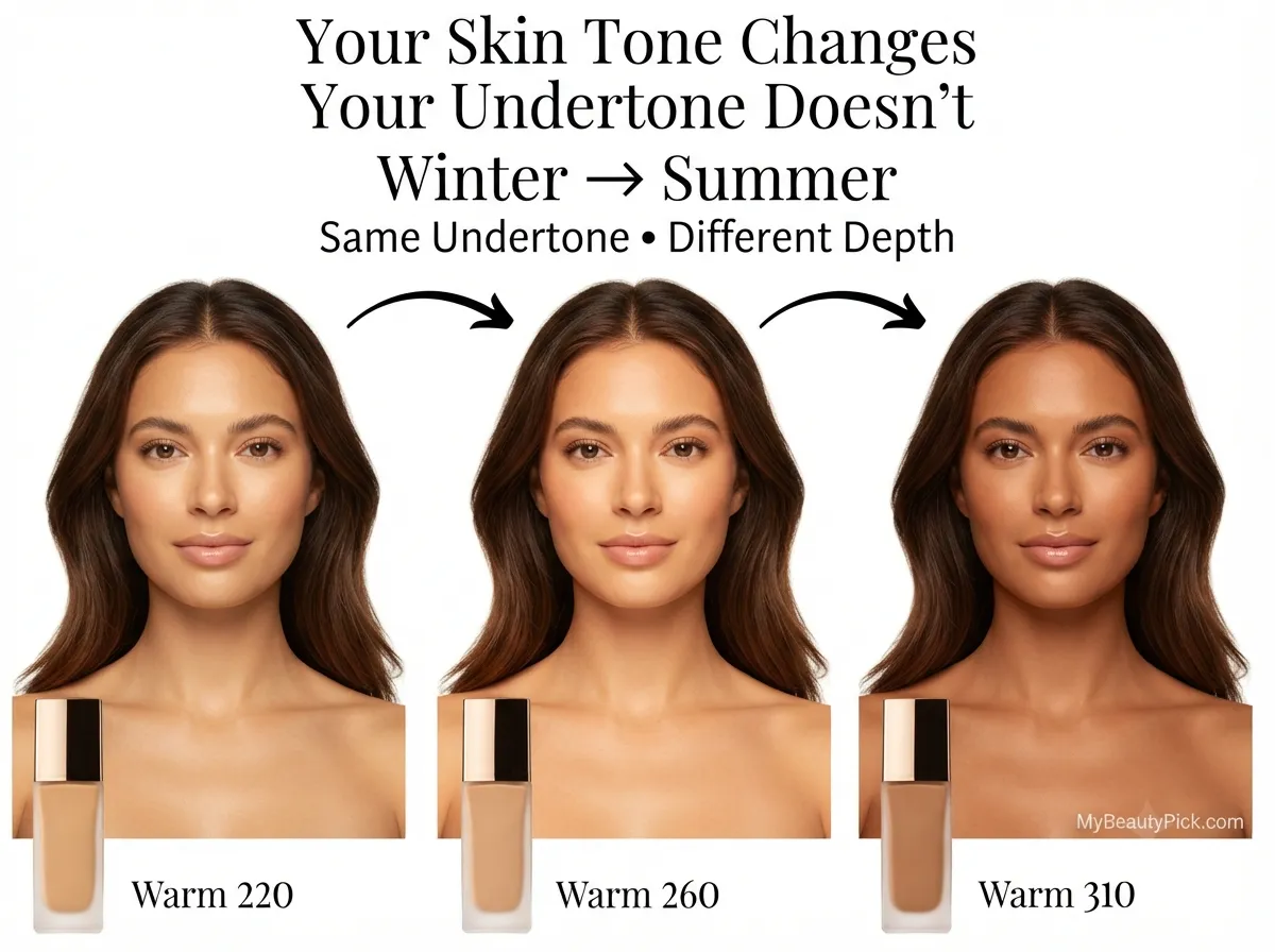 Skin tone changes from winter to summer but undertone stays the same — Warm 220 to Warm 310, same undertone at different depth