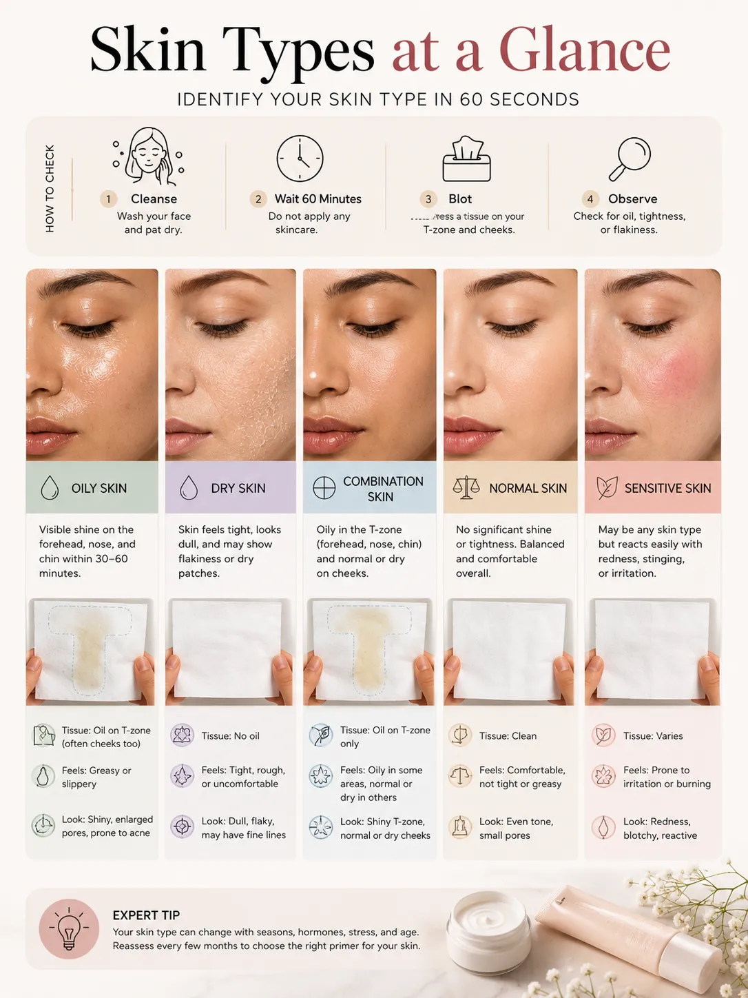 Skin types at a glance — identify oily, dry, combination, normal or sensitive skin in 60 seconds with the tissue test