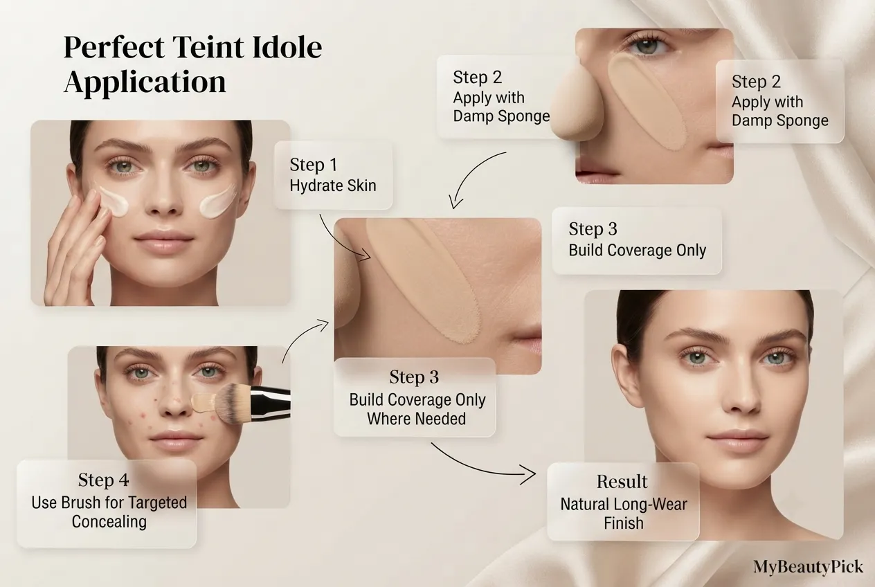 Perfect Teint Idole application — hydrate skin, damp sponge, build coverage only where needed, brush for targeted concealing