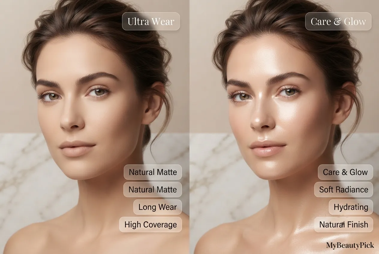Lancome Teint Idole Ultra Wear vs Care and Glow — natural matte long wear high coverage vs soft radiance hydrating finish