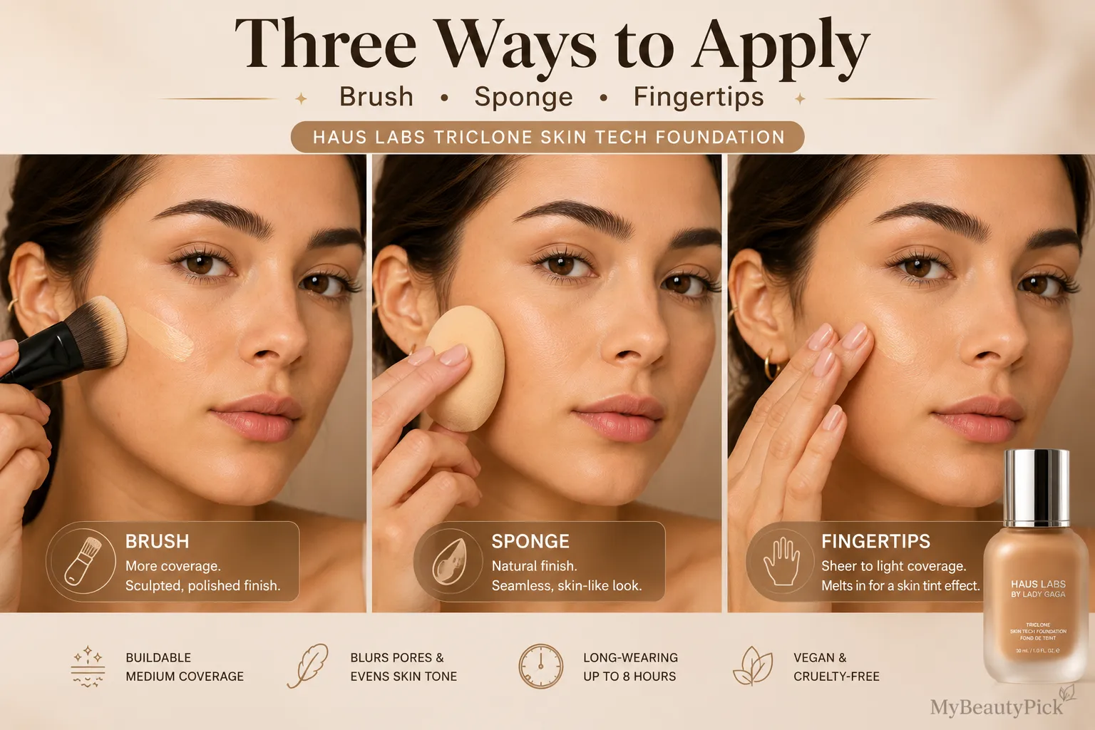 Triclone foundation review 4 Three ways to apply Triclone foundation — brush for more coverage, sponge for natural finish, fingertips for a skin tint effect