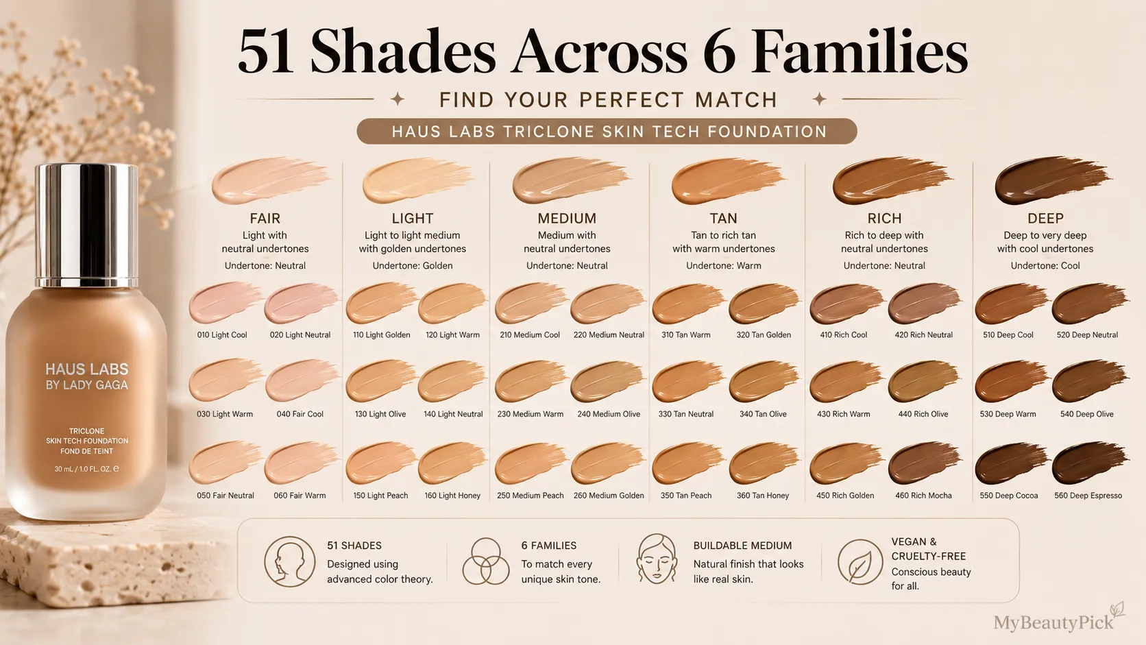 Triclone foundation review 6 Haus Labs Triclone foundation 51 shades across 6 families — fair, light, medium, tan, rich and deep with undertone labels