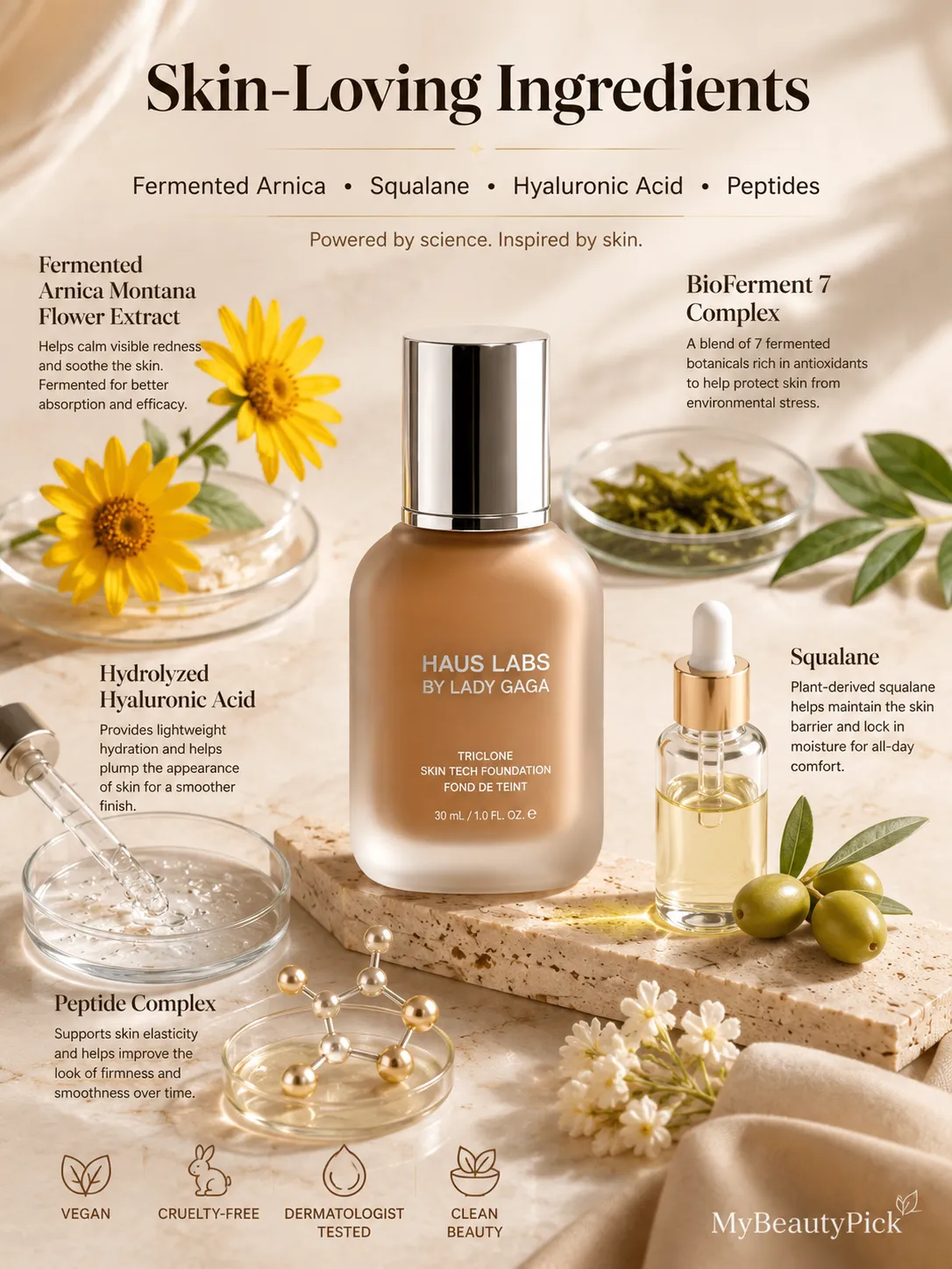 Triclone foundation review 2 Triclone foundation skin-loving ingredients — fermented arnica, BioFerment 7 complex, hyaluronic acid, squalane and peptides