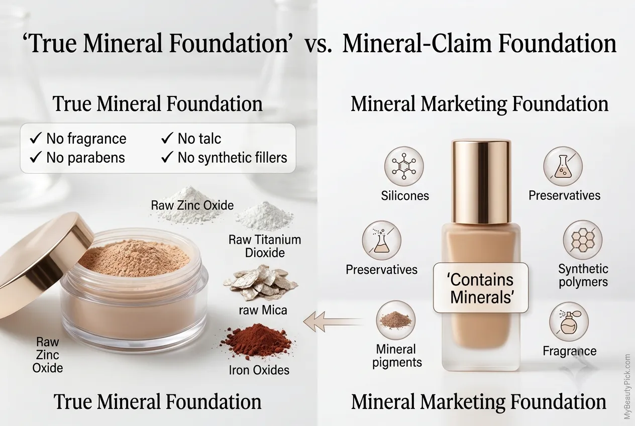 Best mineral foundation: powder and liquid options for sensitive skin 2 True mineral foundation vs mineral-claim foundation — raw zinc oxide, titanium dioxide, mica and iron oxides vs silicones, preservatives and fragrance