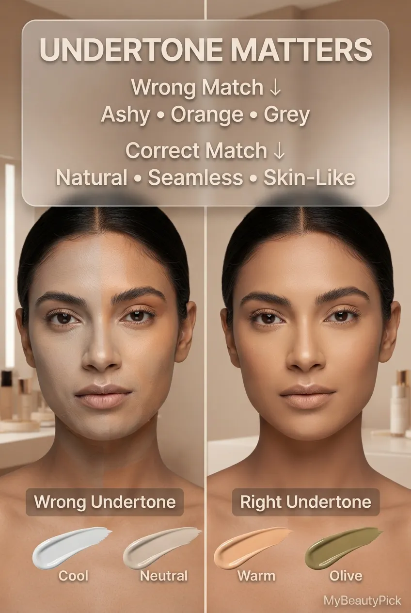 Undertone matters — wrong match looks ashy, orange or grey while the correct match looks natural, seamless and skin-like