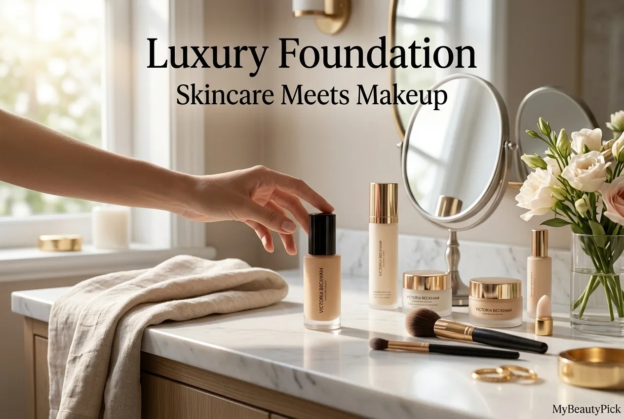 Victoria Beckham Foundation Drops review: high-end serum foundation tested 8 Victoria Beckham luxury foundation on a marble vanity — skincare meets makeup