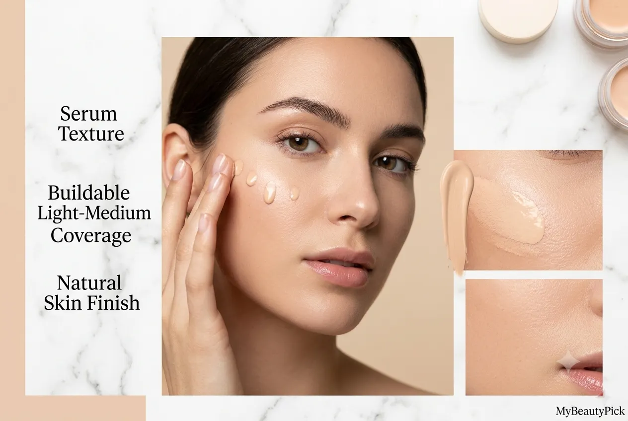 Victoria Beckham Foundation Drops review: high-end serum foundation tested 2 Victoria Beckham Foundation Drops serum texture — buildable light-medium coverage with a natural skin finish