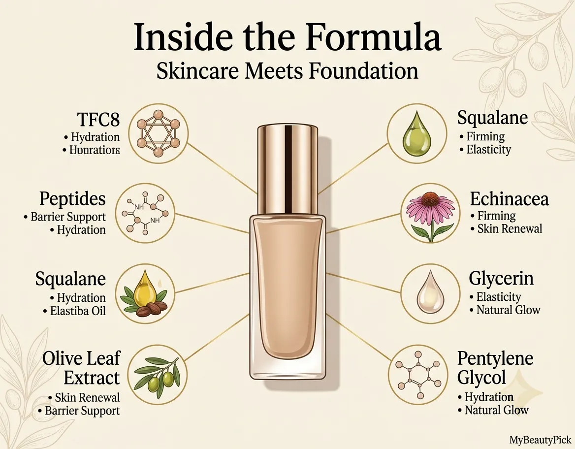 Victoria Beckham Foundation Drops review: high-end serum foundation tested 3 Inside the Victoria Beckham foundation formula — TFC8, peptides, squalane, olive leaf extract, echinacea and glycerin