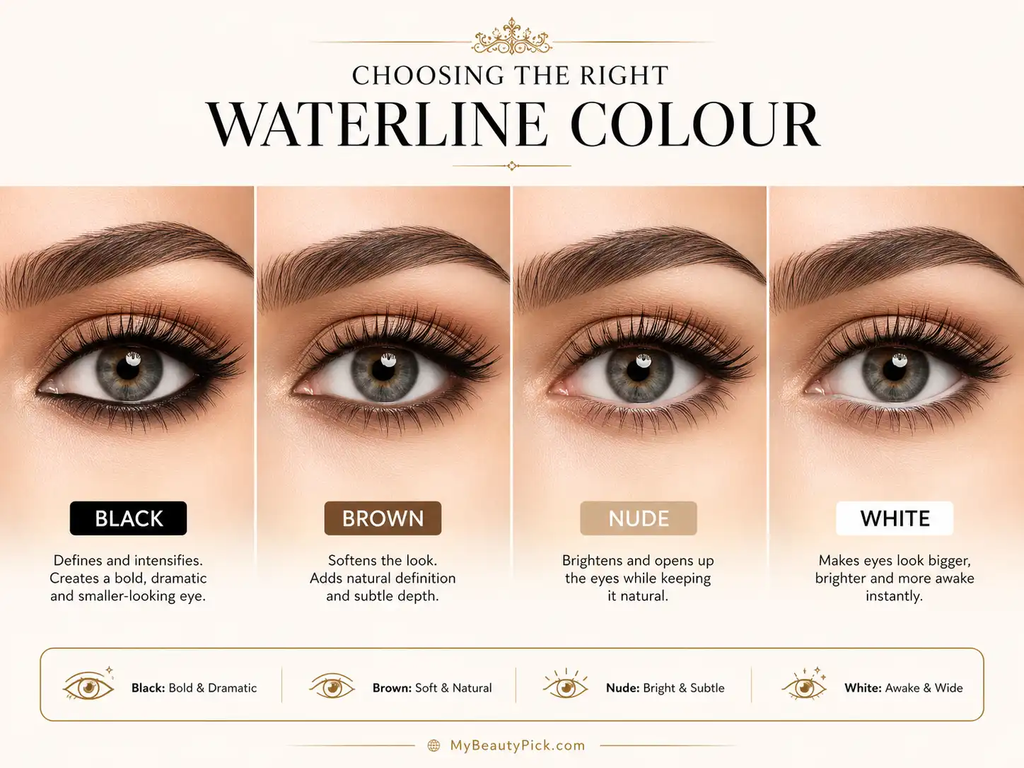 Best Gel Eyeliner for Waterline: Long-Lasting Picks That Actually Stay 5 Black, brown, nude, and white eyeliner compared on the waterline