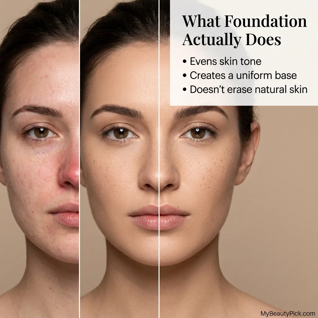 What foundation actually does — evens skin tone, creates a uniform base and doesn't erase natural skin