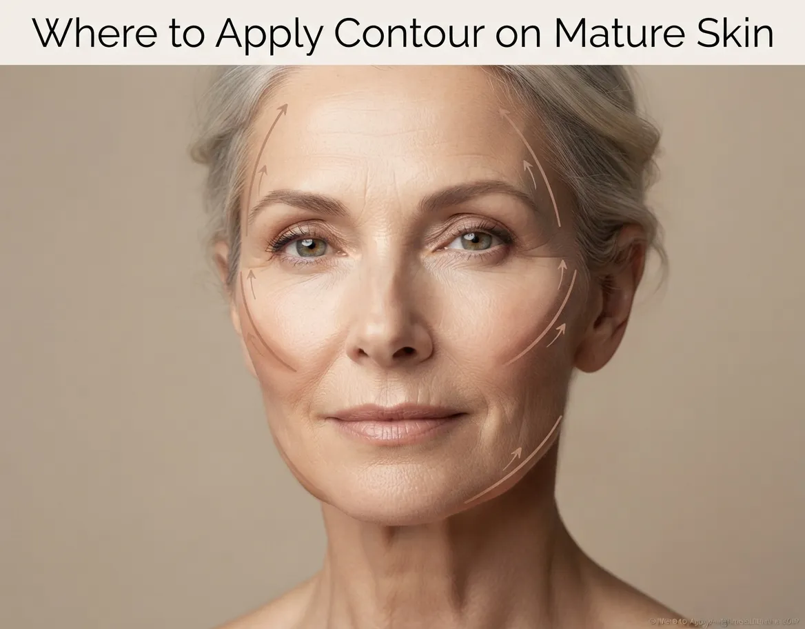 Best Contour Sticks for Mature Skin: Sculpting Without Settling Into Lines 4 Diagram showing where to apply contour on mature skin — natural cheek hollows, temples, and jawline