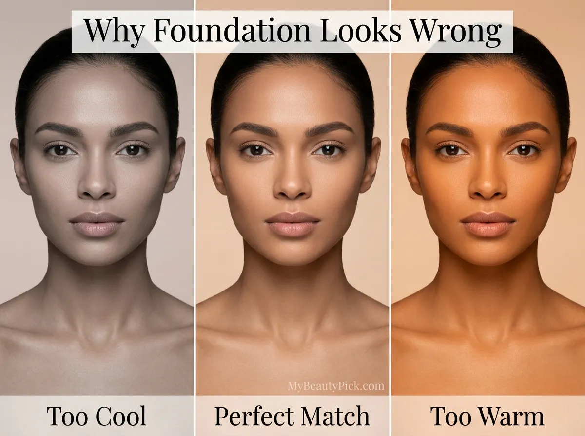 Why foundation looks wrong — too cool grey, perfect match, and too warm orange on the same face