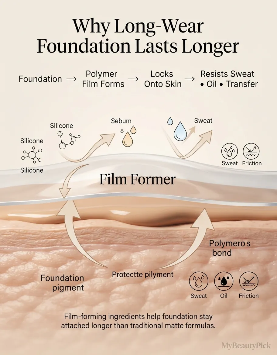24-Hour Foundation: The Best Long-Wear Formulas Tested 2 Why long-wear foundation lasts longer — film-forming polymers lock pigment onto skin and resist sweat, oil and transfer