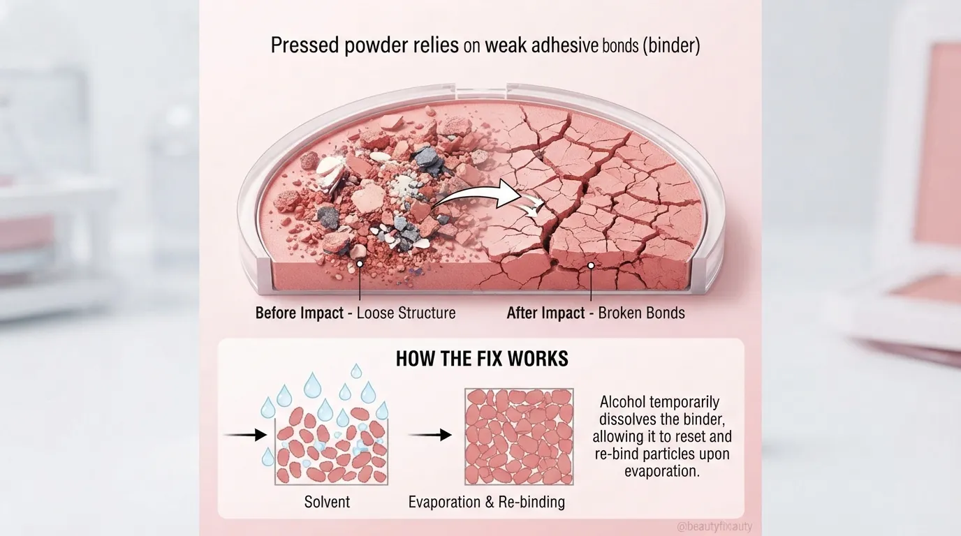 Why pressed powder breaks and how the fix works — alcohol temporarily dissolves the binder so particles re-bind on evaporation