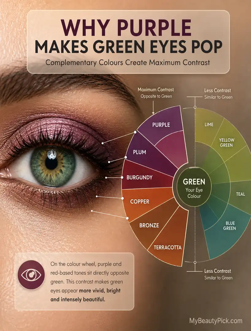 Best Eye Makeup for Green Eyes: Colours, Techniques, and What to Avoid 2 Why purple makeup makes green eyes pop, colour wheel showing complementary contrast