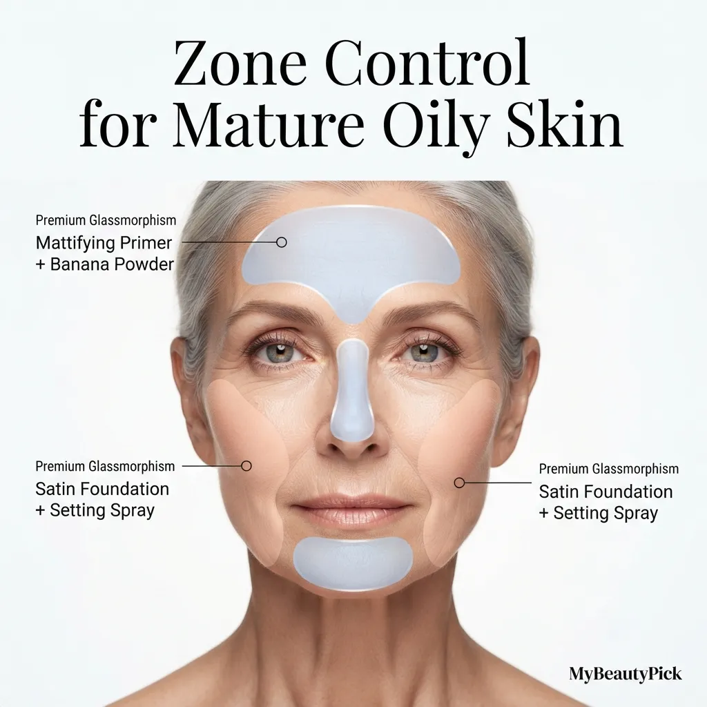 Zone control for mature oily skin — mattifying primer and banana powder on T-zone, satin foundation elsewhere