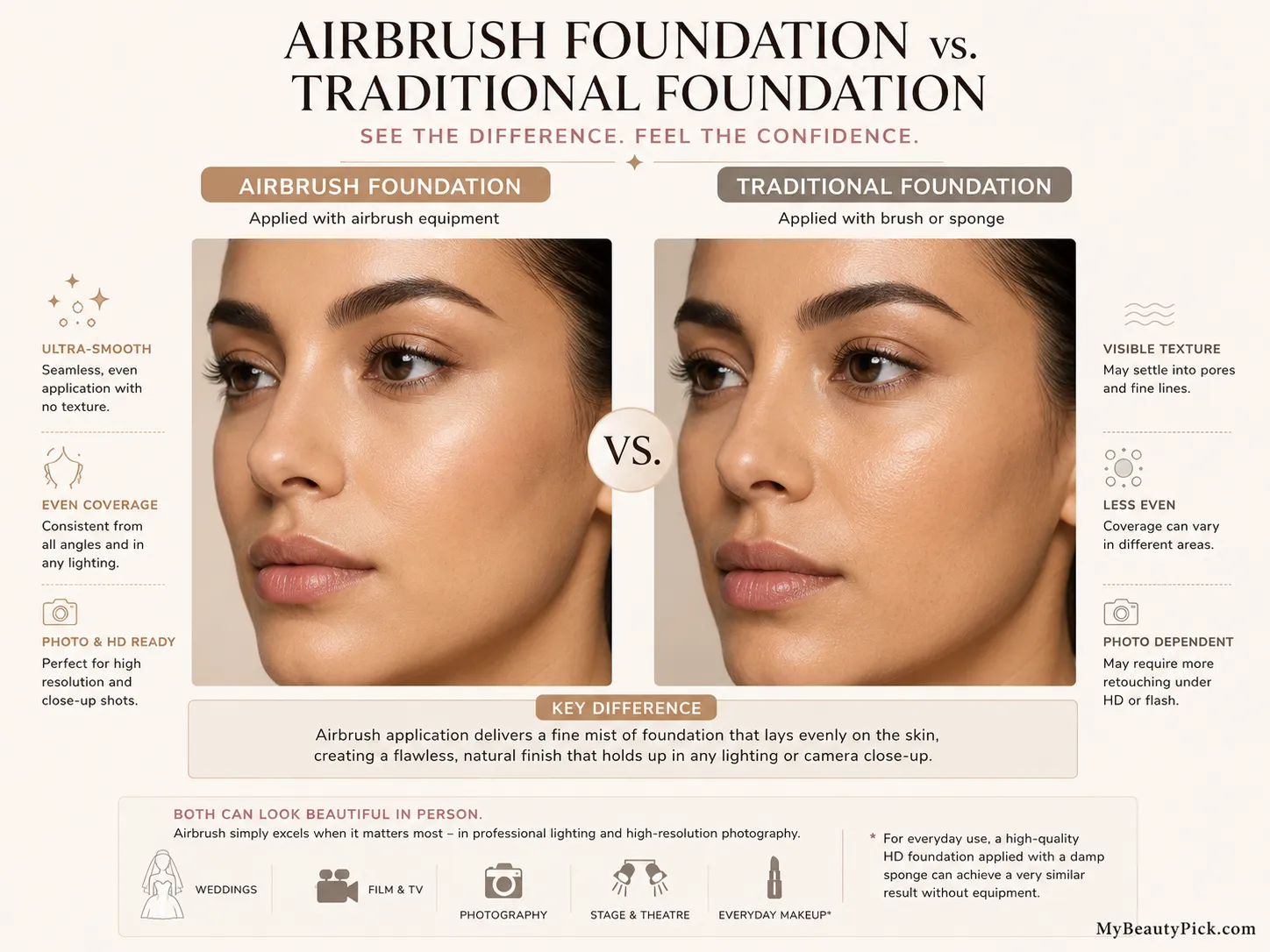 Airbrush vs traditional foundation — ultra-smooth, even, photo-ready finish vs brush or sponge application
