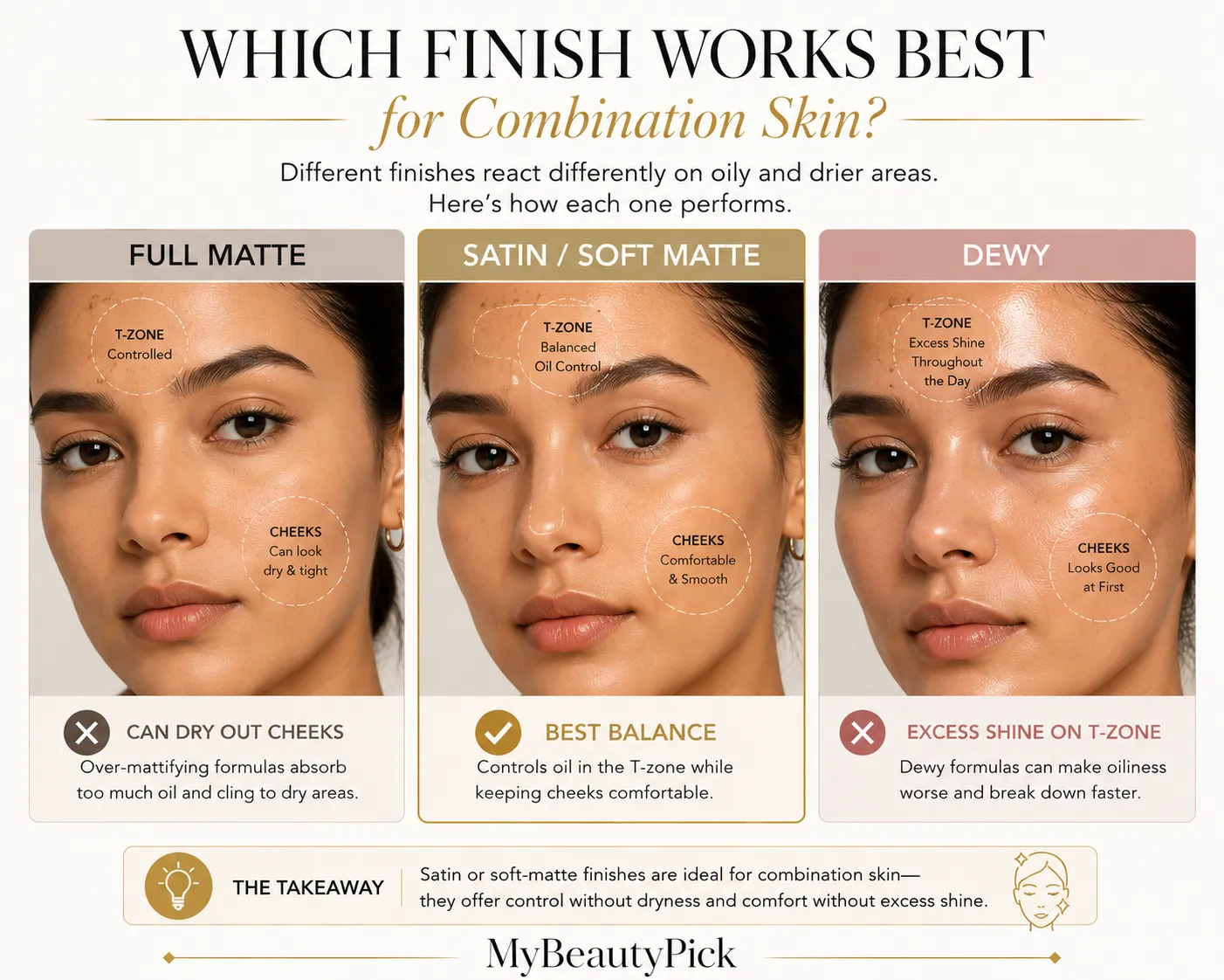 Which finish works best for combination skin — satin or soft matte balances oil control and comfort; full matte dries cheeks, dewy adds shine