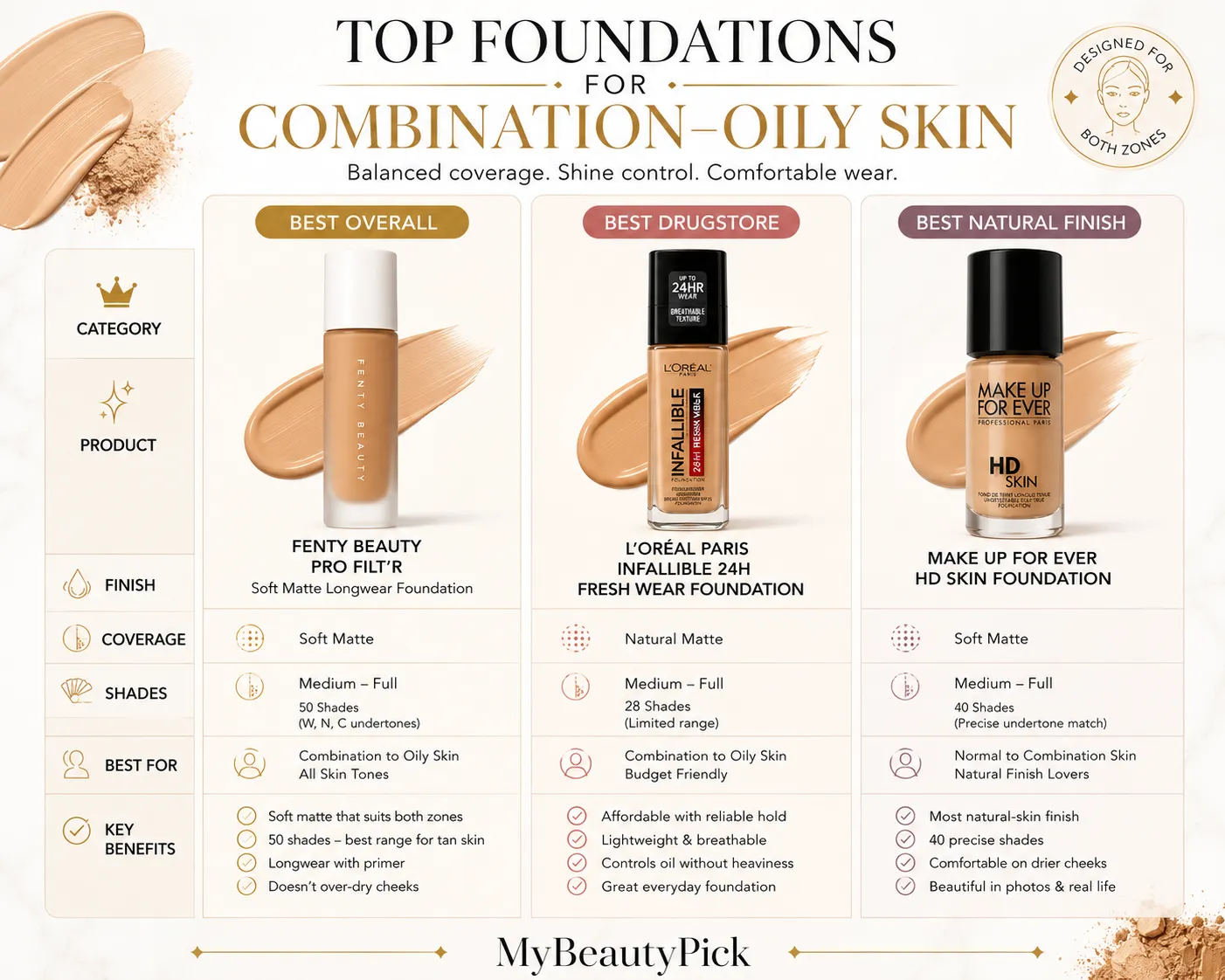 Best foundations for combination-oily skin — Fenty Pro Filt'r, L'Oreal Infallible Fresh Wear and Make Up For Ever HD Skin