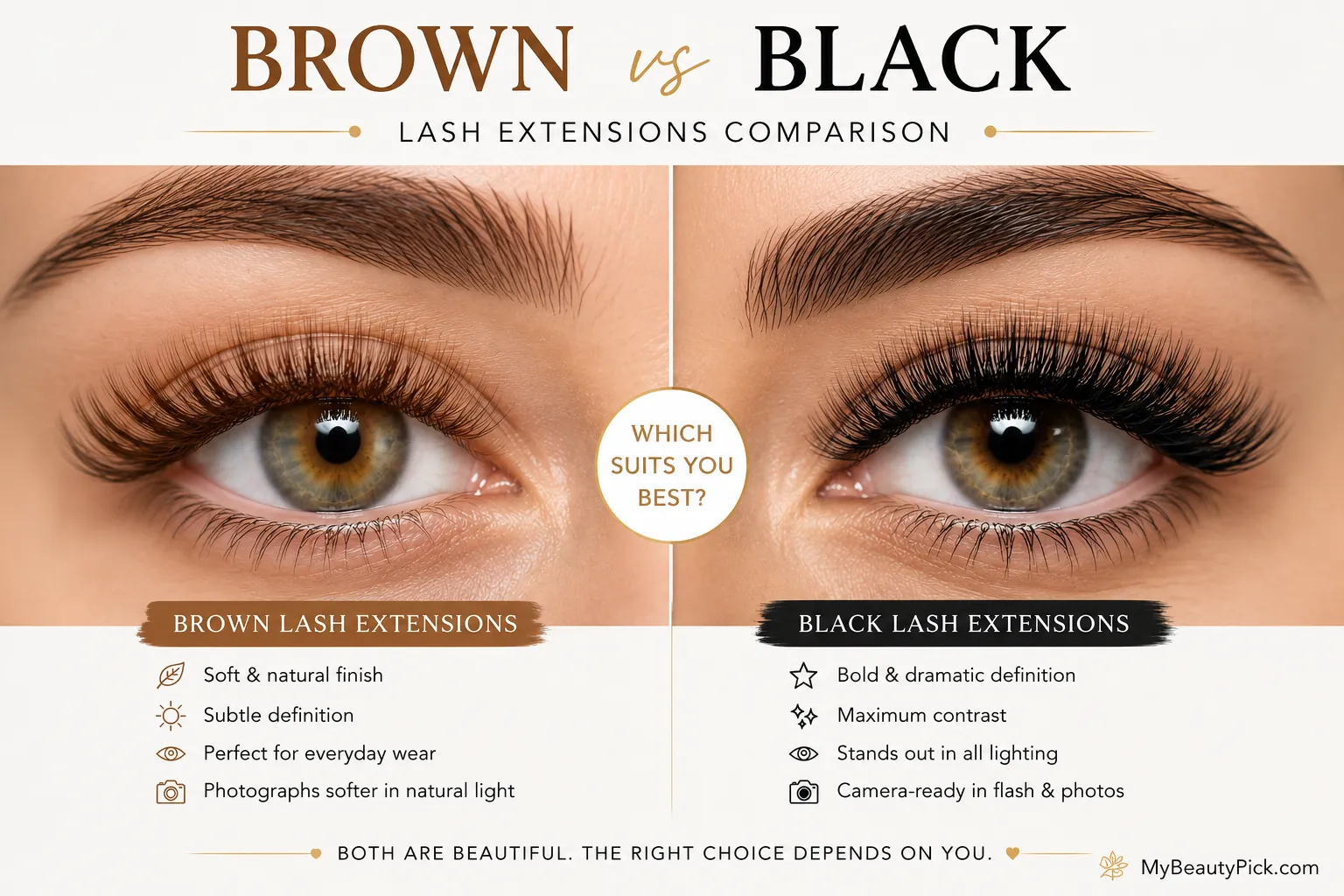 Brown vs black lash extensions comparison — natural brown lashes for a soft everyday look versus bold black lashes for dramatic definition