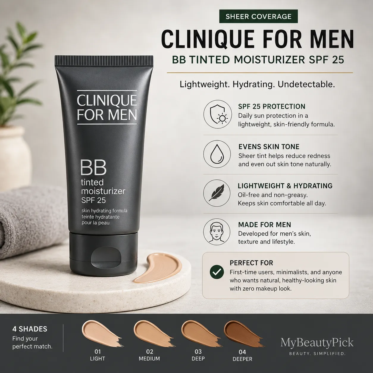 Best Foundation for Men: Natural-Finish Formulas Worth Knowing 4 Clinique for Men BB Tinted Moisturizer SPF 25 — lightweight sheer coverage that evens skin tone naturally