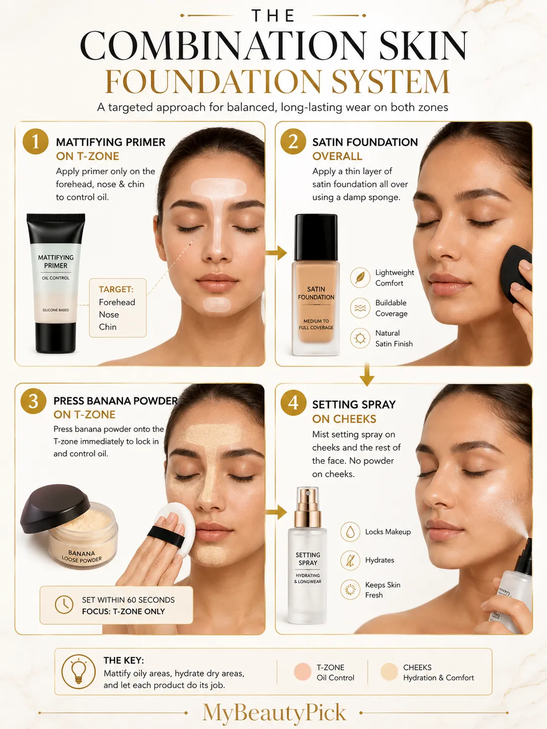 The combination skin foundation zoning system — mattifying primer on T-zone, satin foundation overall, banana powder on T-zone, setting spray on cheeks