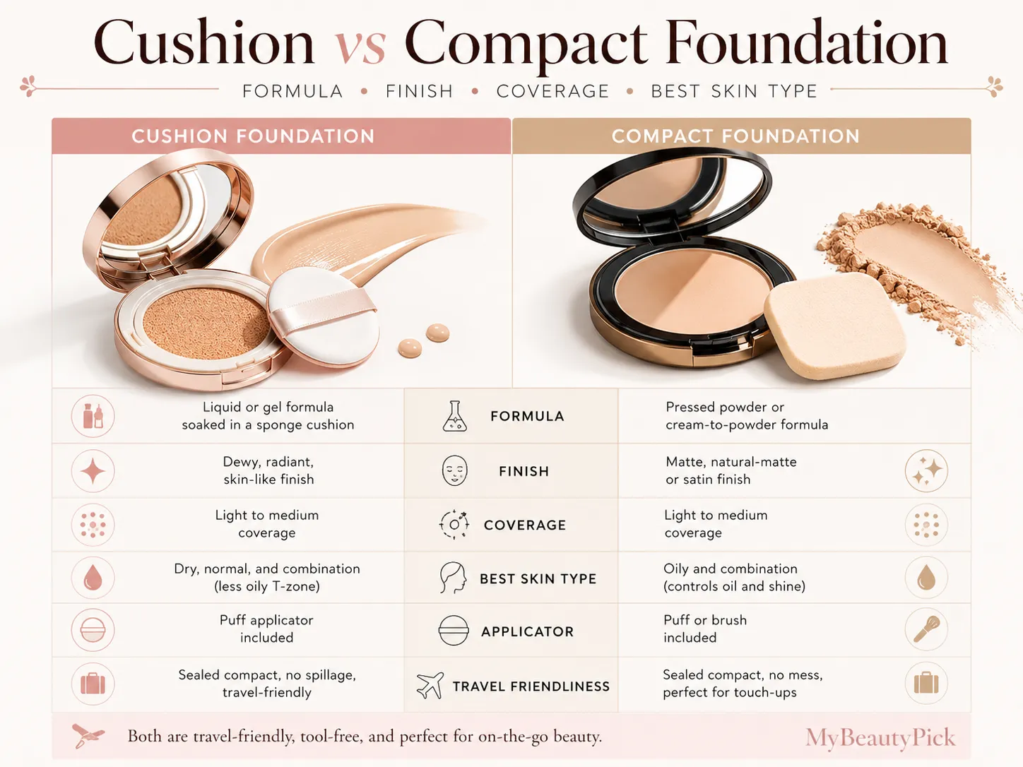 Cushion vs compact foundation — formula, finish, coverage and best skin type compared