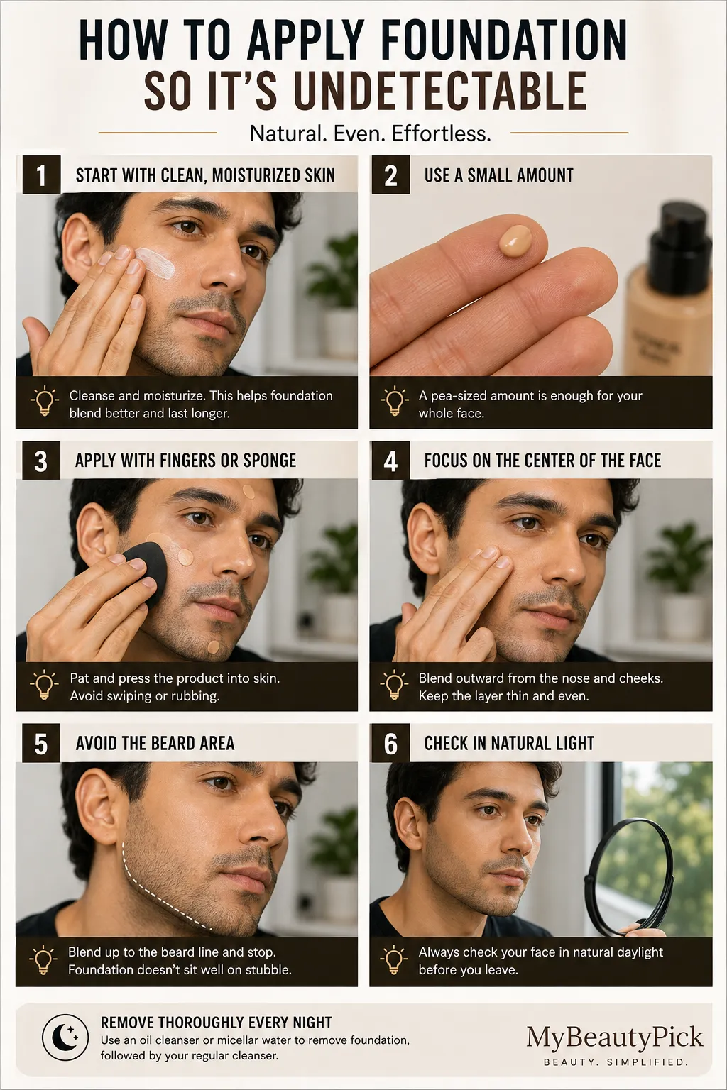 Best Foundation for Men: Natural-Finish Formulas Worth Knowing 6 How to apply foundation for men so it looks undetectable — clean skin, small amount, blend with fingers or sponge, avoid the beard area