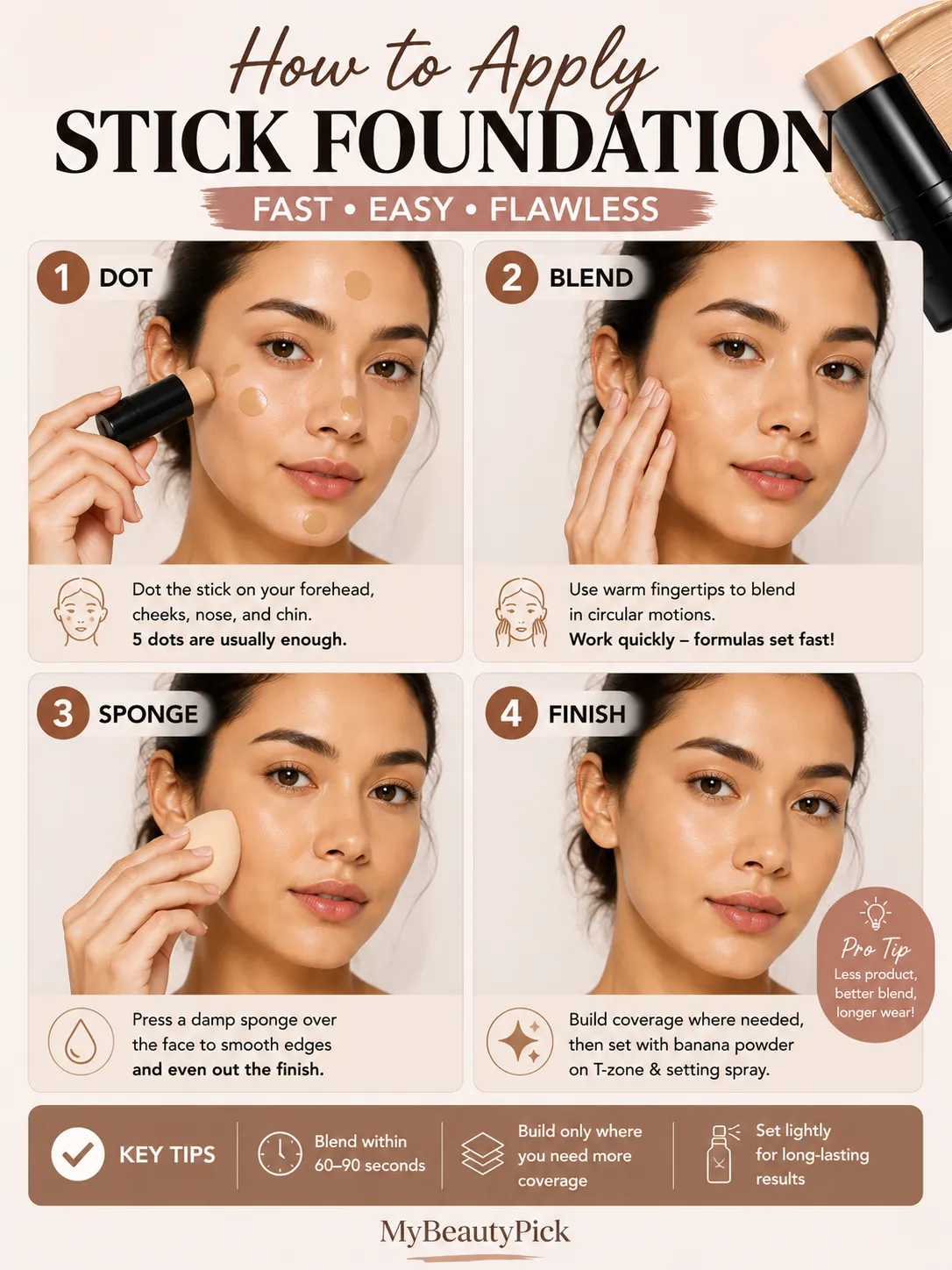 Best Stick Foundation for Dry, Oily and Combination Skin 12 How to apply stick foundation — dot, blend with warm fingertips, press with a damp sponge, finish and set