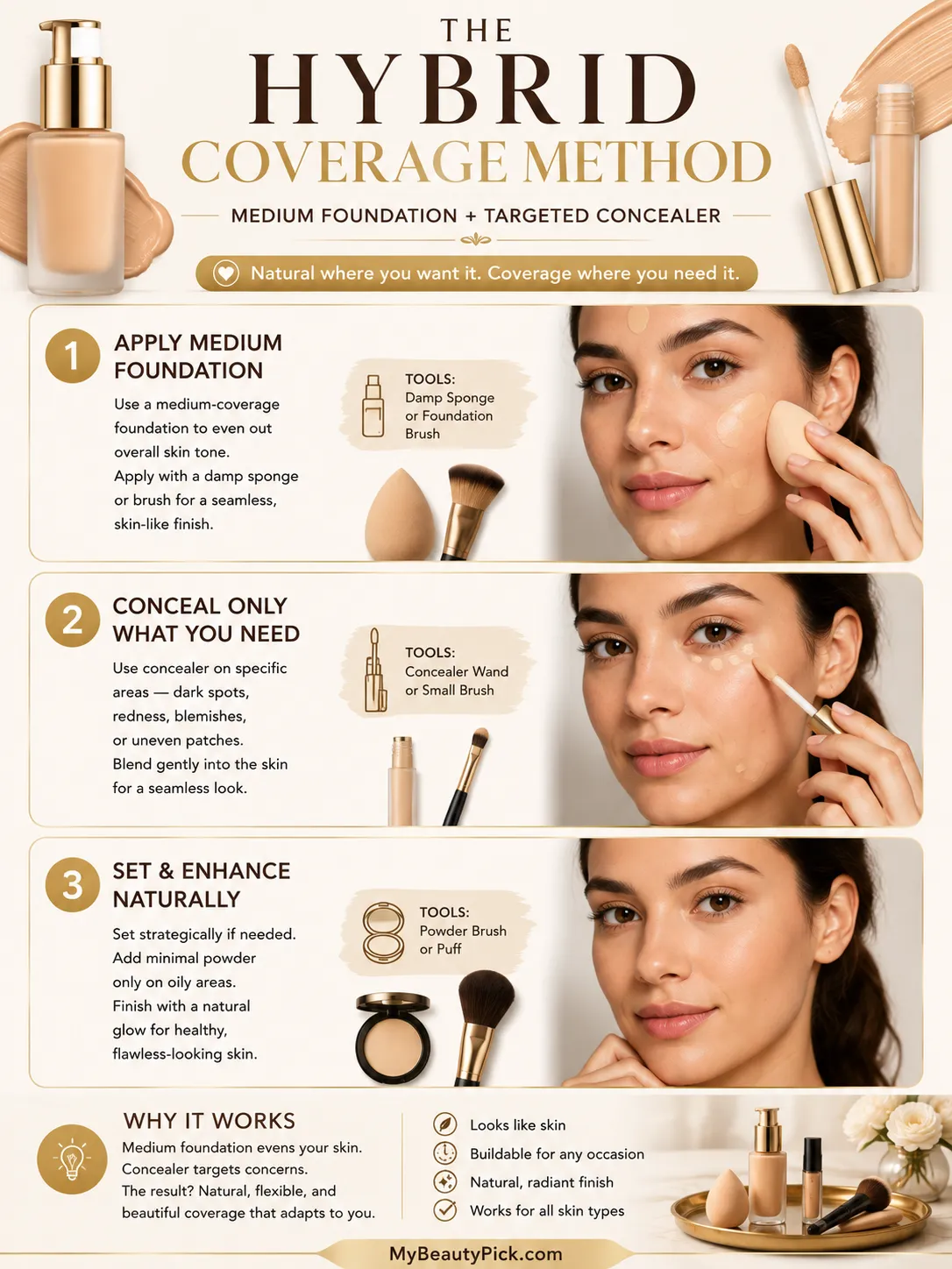 Light Coverage vs Full Coverage Foundation: How to Choose 3 The hybrid coverage method — medium foundation all over plus targeted concealer for natural, flexible coverage