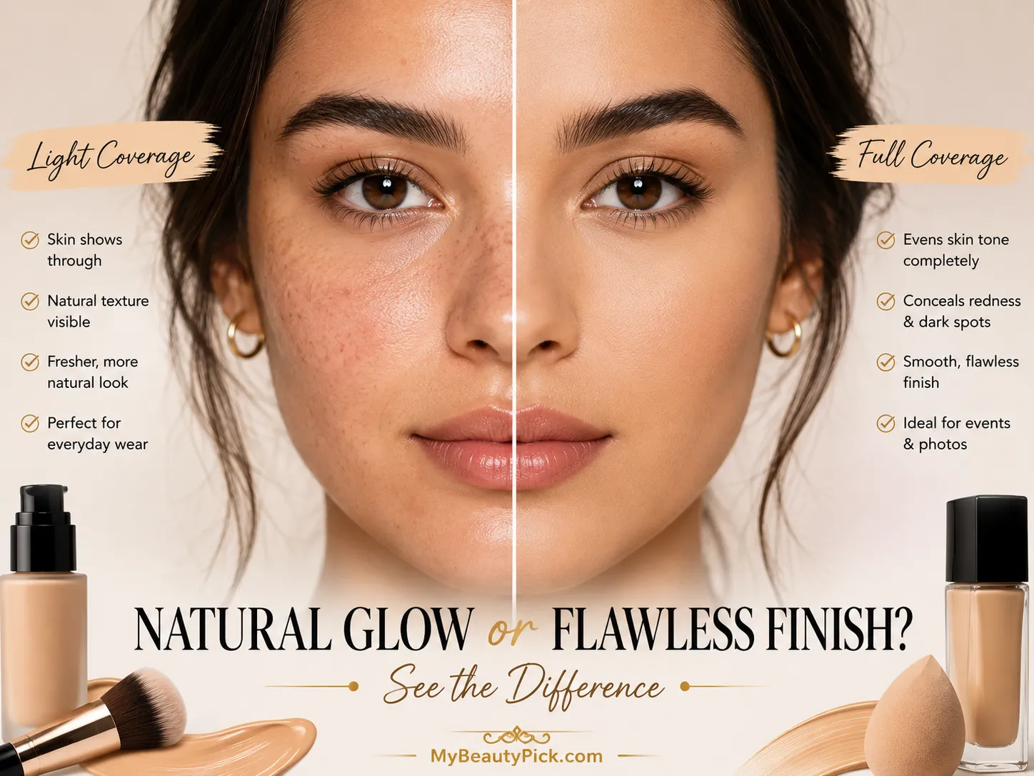 Light coverage vs full coverage foundation — natural glow with skin showing through vs flawless, even finish